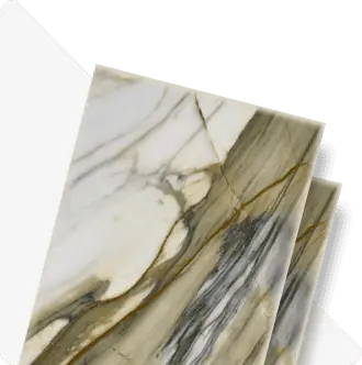 Calacatta-style marble slab swatch with gold and grey veining, cut corner showing stone edge detail